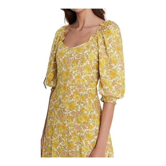 NWT FAITHFULL THE BRAND Juniper Yellow Floral Puff Sleeve Midi Dress US 2/ XS - Picture 7 of 9
